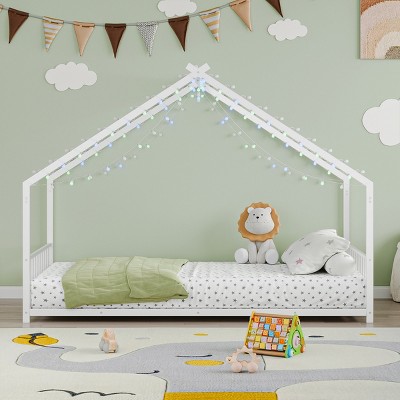 FURNIinspire Beds Twin Size Kid Bed Frame, Floor Bed House Shape Iron Platform Bed with Fence for Bedroom Kid Room, White, 78.5"*40.94"*58.4"