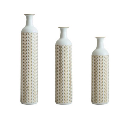AENKYO Set of 3 Metal Floor Vases with Gold Accents, Textured Geometric Cylinder VasesTall Decorative Vases, 24.6"/29.3"/33.86" High