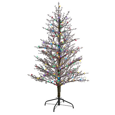5ft. Frosted Berry Twig Artificial Christmas Tree with 200 Multicolored Gum Ball LED Lights – Playful Holiday X-Mas Tree
