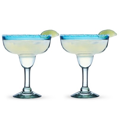 Blue Rim Recycled Glass Margarita Cocktail Set, 10oz, 2-Piece