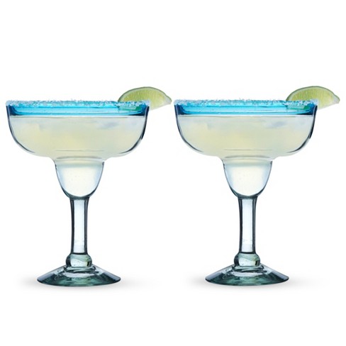 Mexican Hand Blown Glass - Set of 4 Hand Blown Modern Margarita Glasses - Blue Rim (12 oz)