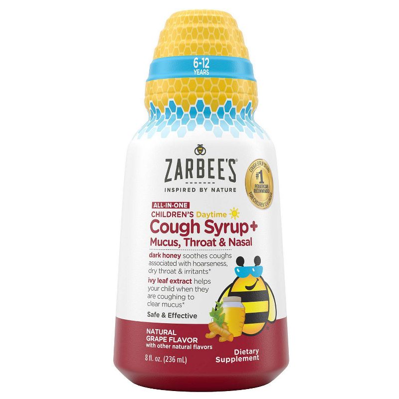 Zarbee&#39;s Kid&#39;s All-in-One Daytime for Age 6-12 with Honey, Turmeric, B3,6,12 &#38; Zinc Cough Syrup - Grape - 8 fl oz, 1 of 12