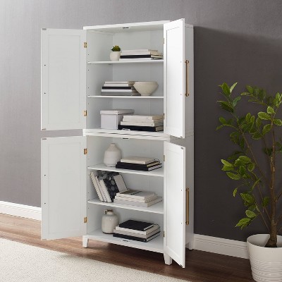 White Recessed Panel Kitchen Pantry Storage Cabinet with Gold Hardware