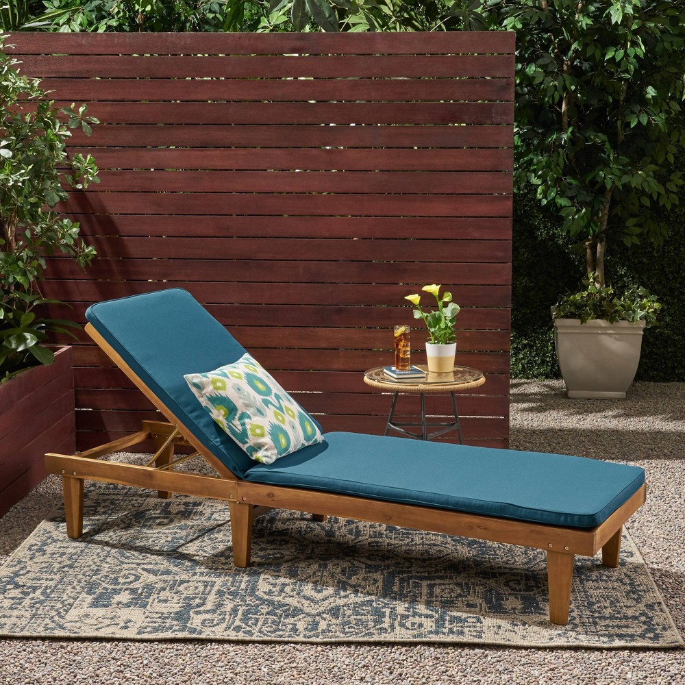Nadine Acacia Wood Chaise Lounge Teak/Blue - Christopher Knight Home: Weather-Resistant Polyester, Poolside Furniture