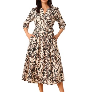 INSPIRE CHIC Women's Boho V Neck 3/4 Sleeve Button Cuff Tie Waist Midi Flowy Casual Shirt Dress with Pockets - 1 of 4