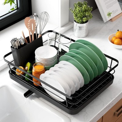 Attop Dish Drying Rack for Kitchen Counter, Stainless Steel Sink Organization and Storage Essentials with Cutlery Holder Black