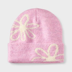Girls' Knitted Floral Beanie Hat - Cat & Jack™ Purple/White - 1 of 3