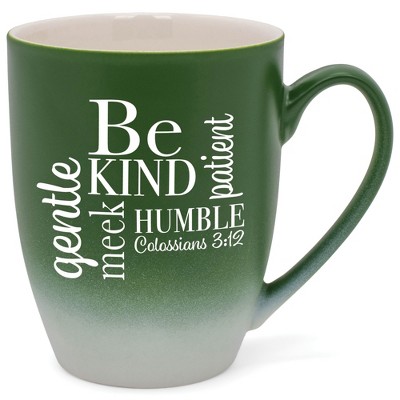 Elanze Designs Be Kind, Humble, Gentle, Meek, Patient Colossians 3:12 Two Toned Ombre Matte Green and White 12 ounce Ceramic Stoneware Coffee Cup Mug