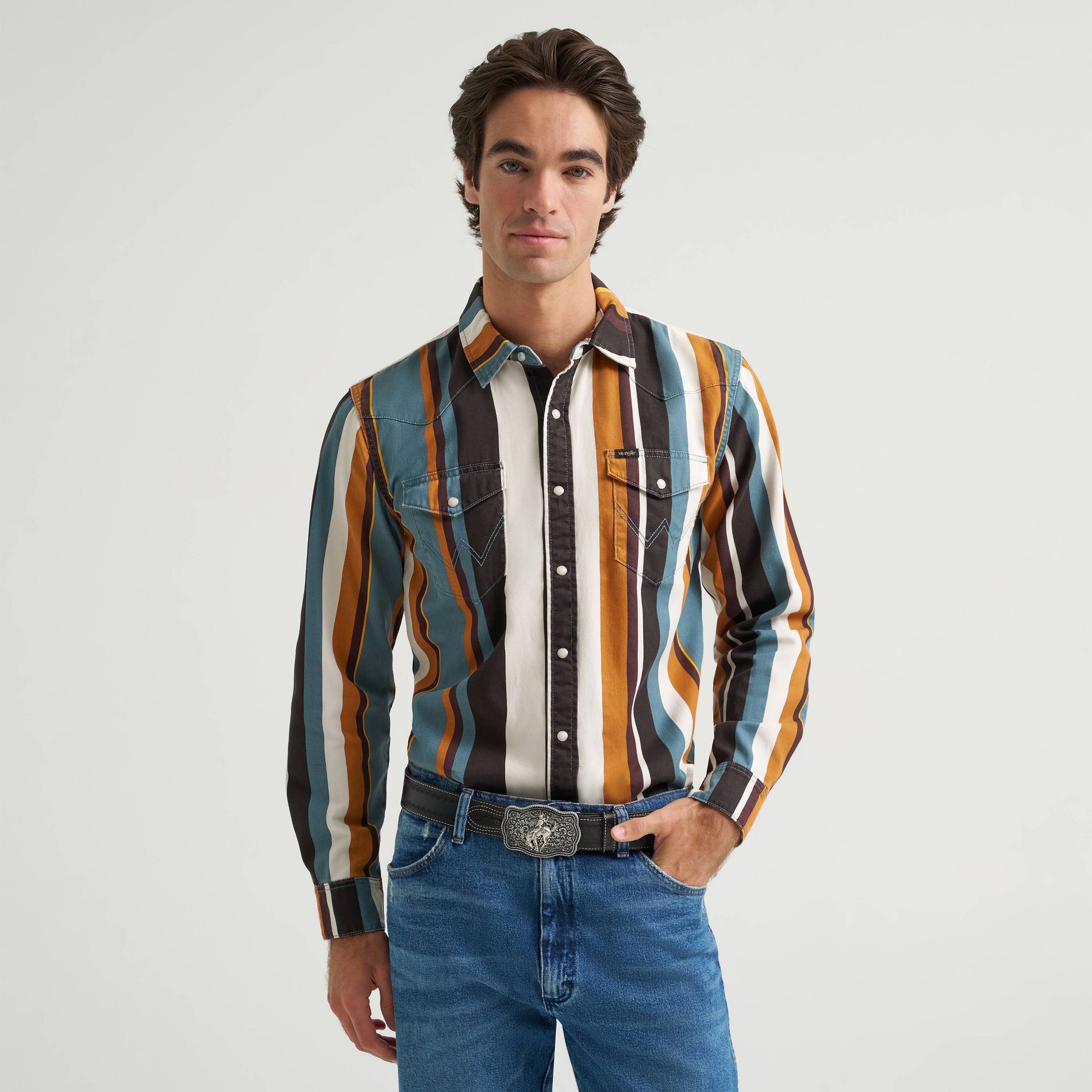 Wrangler Men's Striped Stampede Brushpopper Long Sleeve Western Shirt - Brown M