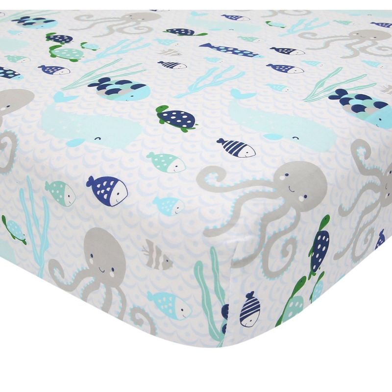 Lambs & Ivy Oceania 100% Cotton Fitted Crib Sheet - White with Blue Nautical/Aquatic Fish and Octopus, 1 of 4