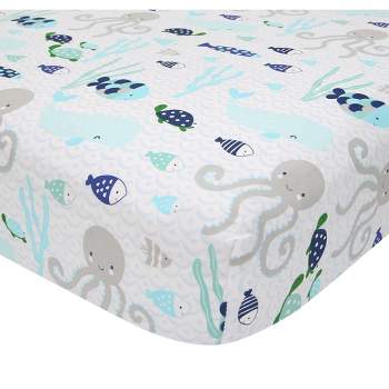 Lambs & Ivy Oceania 100% Cotton Fitted Crib Sheet - White with Blue Nautical/Aquatic Fish and Octopus