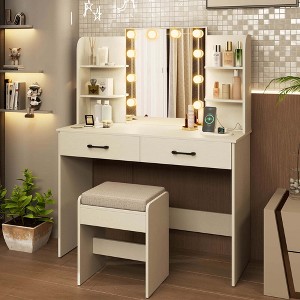 Costway Makeup Vanity Desk with Lighted Mirror Charging Station 3-Color Dimmable LED Lights White/Black - 1 of 4