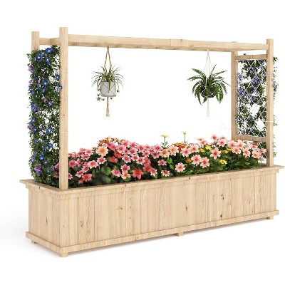 Raised Garden Bed with Trellis, Freestanding Wood Planter Box w/Hanging Roof & 8 Drainage Holes for Vine, Climbing Plants, Flowers,for Garden