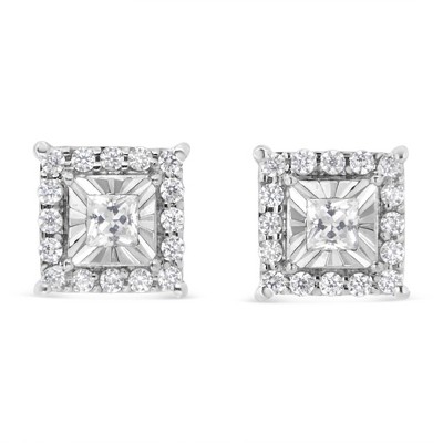 Haus of Brilliance Silver 1/4 Cttw Princess and Round Cut Diamond Halo Stud Earrings