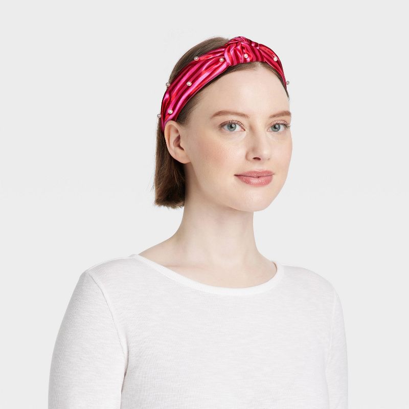 Satin Fabric with Pearls Knot Top Headband - A New Day&#8482; Pink Striped, 3 of 7