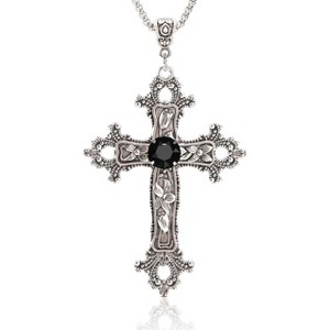 Gothic Silver Cross Necklace | Y2K Large Glass Stone Pendant Halloween Chain - 1 of 4