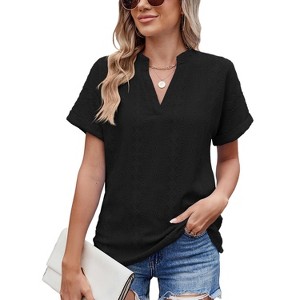 Women's Henley Neck Boho Blouse with Eyelet Embroidery Textured Summer Tops Casual T-Shirts - 1 of 4