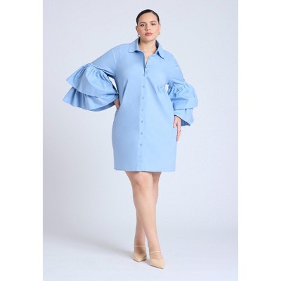 ELOQUII Women's Plus Size Poplin Ruffle Sleeve Dress