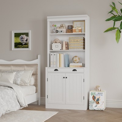 5-Tier Bookshelf with Doors & Drawer – 70" Tall Wooden Storage Cabinet, Modern Bookcase for Living Room & Office