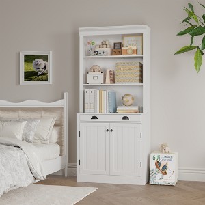 5-Tier Bookshelf with Doors & Drawer – 70" Tall Wooden Storage Cabinet, Modern Bookcase for Living Room & Office - 1 of 4