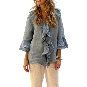 Coolmee Women's 3/4  Sleeve Tops Dressy Casual Ruffle V Neck Button Down Shirts Fall Outfits Vintage Work Shirts - 1 of 3