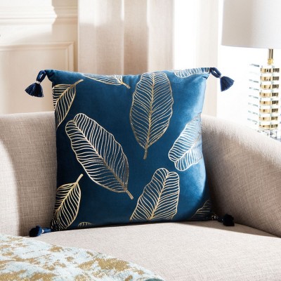 Dark Blue and Gold Feather Pattern Square Throw Pillow