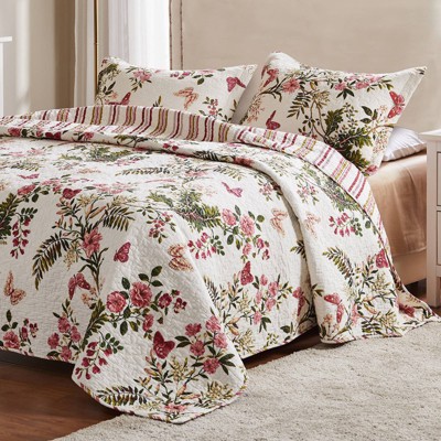 Ivory Cotton Twin Reversible Botanical Quilt Set