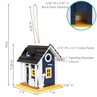 Charming Midnight Blue Pine Plywood Cottage Bird House with Solar Light
