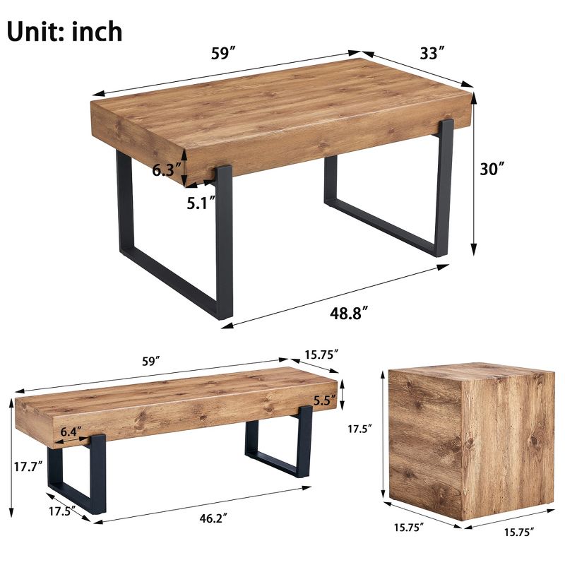 4/3-Piece Dining Table Set for 4-6 People, 59" Kitchen Table Set with Bench, Natural Wood Wash 4M - ModernLuxe, 3 of 15