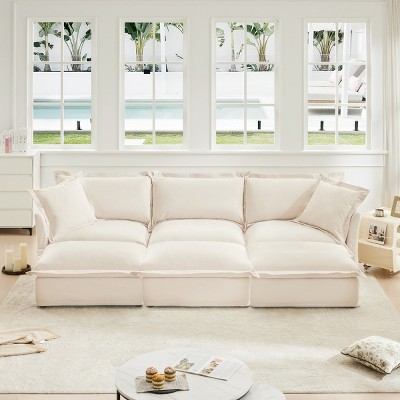 Slipcovered Sectional Sofa, 3 Seater Sofa with Removable Cover, Sofa Couch with Ottoman, Chenille Fabric Sectional Sofas-Cuddlewood