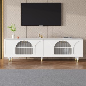 Spassway White TV Stand with Adjustable Shelves Storage Cabinet with Arch Fluted Glass Doors Entertainment Center for Living Room for TVs up to 78" - 1 of 4
