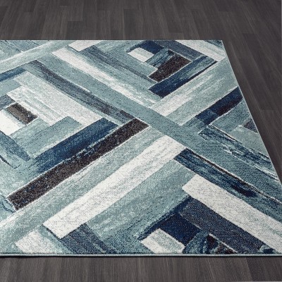 Modern Geometric Blue and Gray Synthetic Area Rug