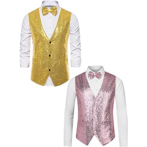 Lars Amadeus Men's Sparkle Sequin Sleeveless Waistcoat Set with Bow Tie 2 Packs - 1 of 4