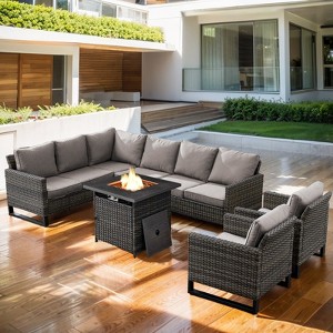 Buenhomino 6 Pieces Outdoor Patio Furniture Set with Propane Gas Fire Pit Table, Outdoor Sectional Sofa PE Rattan Wicker Patio Conversation Sets - 1 of 4