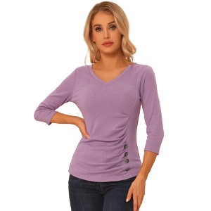 INSPIRE CHIC Women's V Neck 3/4 Sleeves Solid Knitted Buttons Decor Ruched Blouse - 1 of 4