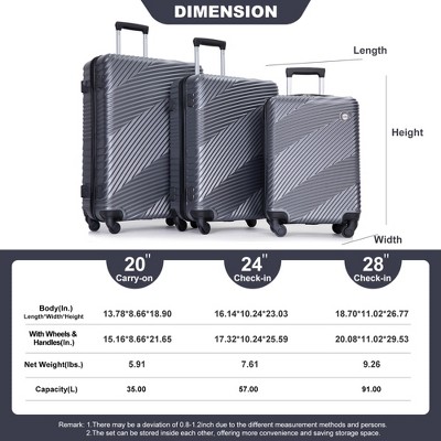 Vynxaria 3-Piece Gray PC+ABS Lightweight Luggage Set 20/24/28" with Two Hooks Spinner Wheels