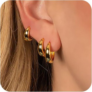 Small Sterling Silver Huggie Hoop Earrings Set for Women, 14K Gold Plated Hoops Stacks for Multiple Piercings - 1 of 4
