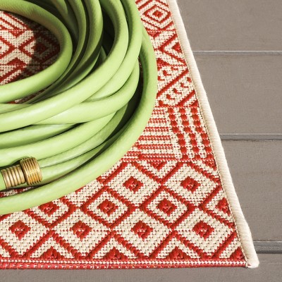 Beige and Red Geometric Indoor/Outdoor Area Rug
