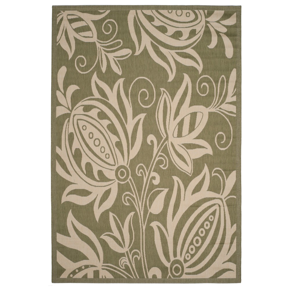 5'3 X7'7  Gori Outdoor Rug Olive/Natural - Safavieh The Rectangular (53x77) Patio Rug in Beige Green enhances your outdoor space without overpowering it. The subtle green and beige colors blend into your greenery while the bold pattern adds visual interest to the ground and provides a comfortable place to walk and sit. This area rug is perfect for an outdoor area with its weather resistant qualities; fade and stain resistant fabric the quick drying feature which discourages mildew build up. Just as effortlessly as this outdoor rug works outside, it also works inside with a soft, tight weave that feels good under foot and looks fantastic in your home. 30 day limited manufacturer warranty. Size: 5'3  X 7'7 . Color: Olive/Natural. Pattern: Floral.