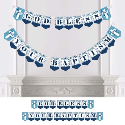 Big Dot of Happiness Baptism Blue Elegant Cross - Boy Religious Party Bunting Banner - Party Decorations - God Bless Your Baptism