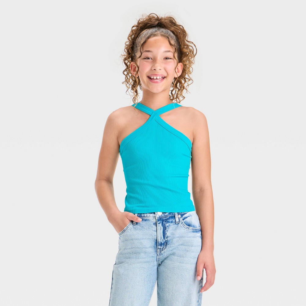Girls' Halter Top - art class™ Turquoise S: Lightweight Ribbed Fashion Tee, Sleeveless Pullover, Casual Fit