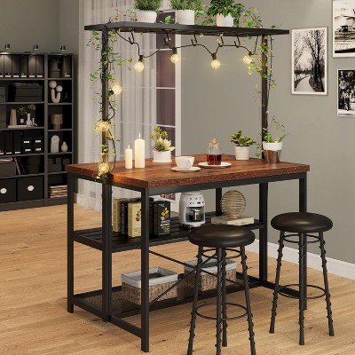 Kitchen Island with Storage, Table with Seating, 3-Tier Bakers Rack, Microwave Stand, 5 Hooks, Dining & Living Room, Black & Natural