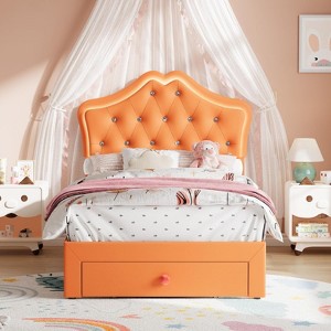 Clearance, Bed Frame with LED Upholstered Headboard, Storage Drawer, Crystal Tufting, for Kids and Teens - 1 of 4