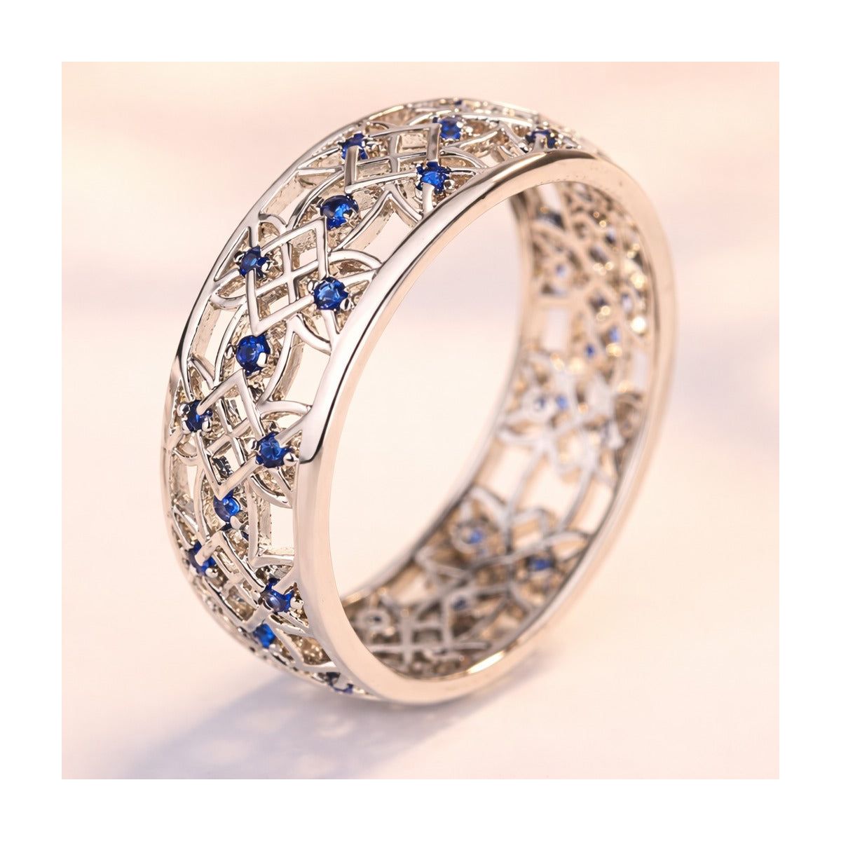Amy and Annette Sterling Silver Sapphire Filigree Band Ring - thumbnail 2