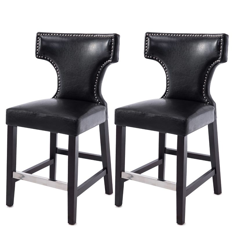 Set of 2 Kings Counter Height Barstool with Studded Bonded Leather Seat Black - Corliving, 2 of 4