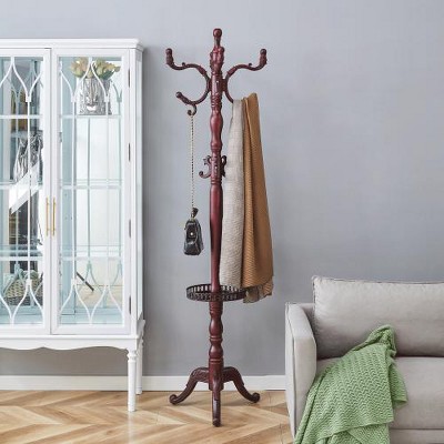 TOBILI Walnut Colored Solid Wood Hanger, Modern And Simple Coat And Hat Rack, Resin Stainless Steel Multifunctional Storage Rack With Key Tray