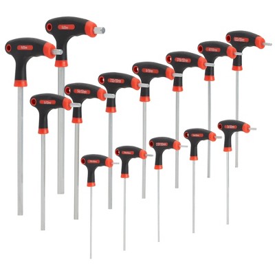 Built Industrial 14 Piece T Handle Allen Wrench Set, 7 SAE and 7 Metric Hex Key Set, Red and Black
