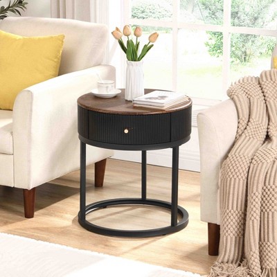 Round End Table with Drawer, Modern Nightstand with Metal Legs, 19.69'' Wood Sofa Side Table, Small Coffee Table for Bedroom Living Room Small Spaces