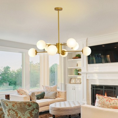 DOMETOUR 35'' Modern 8-Light Gold Chandelier with White Glass Globes, Mid-Century Design Ceiling Light for Dining, Living, or Bedroom (No Bulbs)