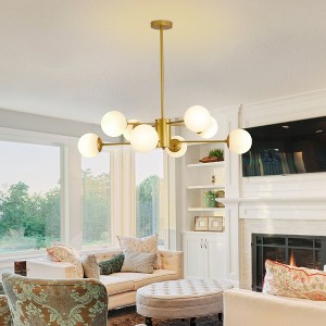 DOMETOUR 35'' Modern 8-Light Gold Chandelier with White Glass Globes, Mid-Century Design Ceiling Light for Dining, Living, or Bedroom (No Bulbs) - 1 of 4